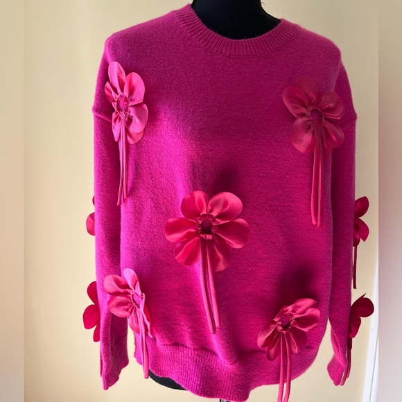 🆕 Bibi Women's Pink Sweater 3D Floral Appliqué Pullover - Picture 1 of 8